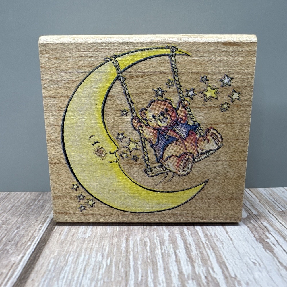 Rubber Stamp by Rubber Stampede‎ Teddy Beary Swinging On The Moon A782E Stars